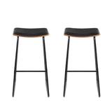 Set of 2 Modern Backless PU Leather Bar Stools - Black and Timber - Close-Up Angle