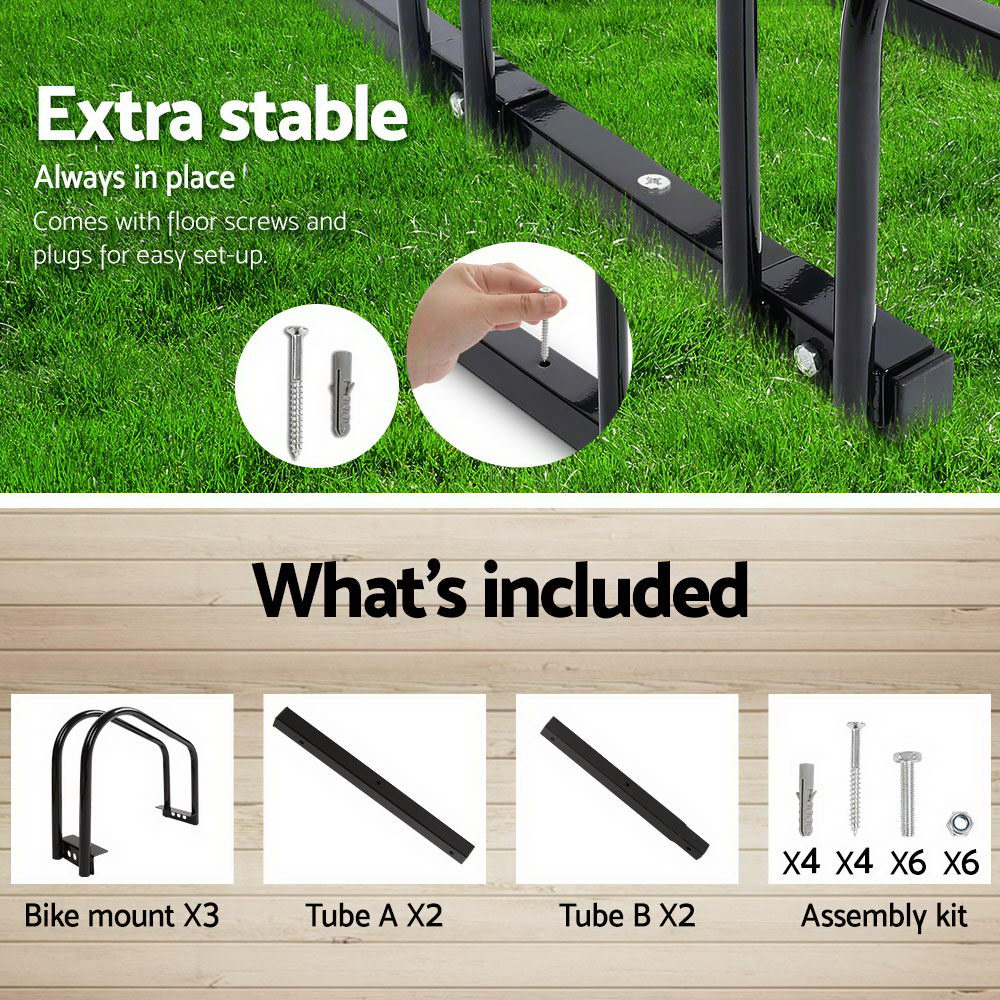 Tri-Bike Freestanding Parking Rack - Portable Bicycle Storage Stand in Black