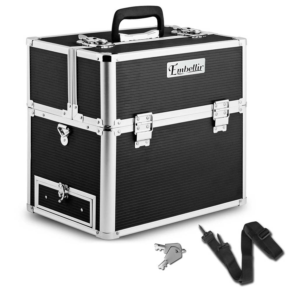Elegant Black Portable Makeup Organizer with Mirror
