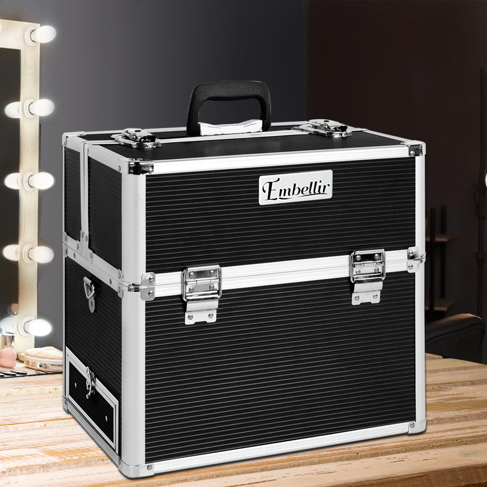 Elegant Black Portable Makeup Organizer with Mirror