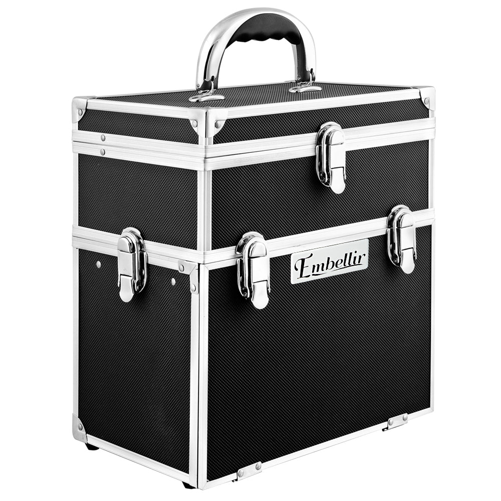 Elegance on the Go: Portable Black Makeup Case with Mirror