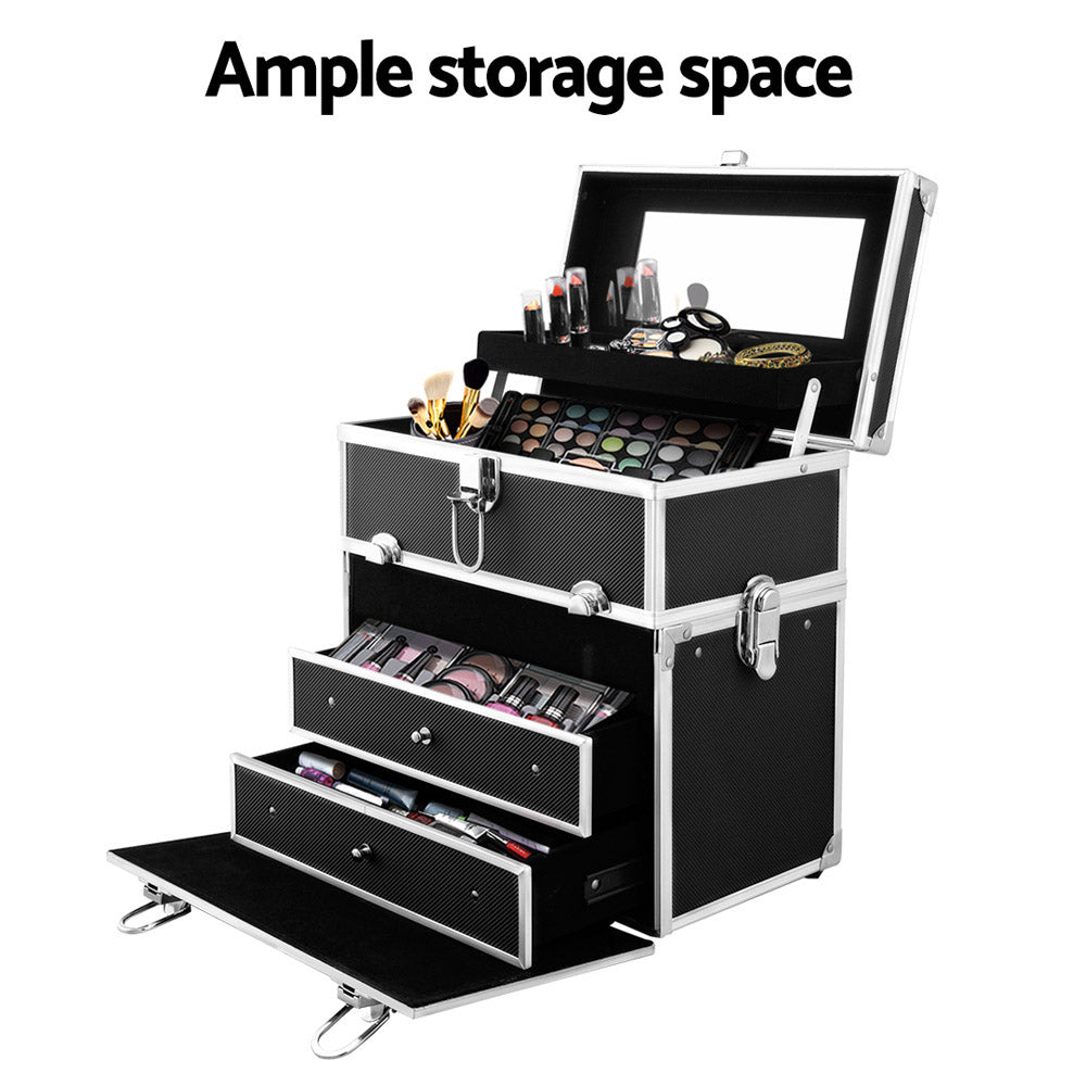 Elegance on the Go: Portable Black Makeup Case with Mirror
