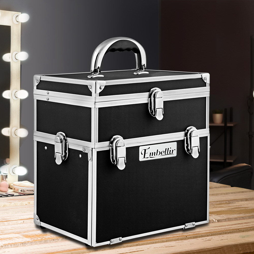 Elegance on the Go: Portable Black Makeup Case with Mirror