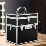 Elegance on the Go: Portable Black Makeup Case with Mirror - Close-Up Angle