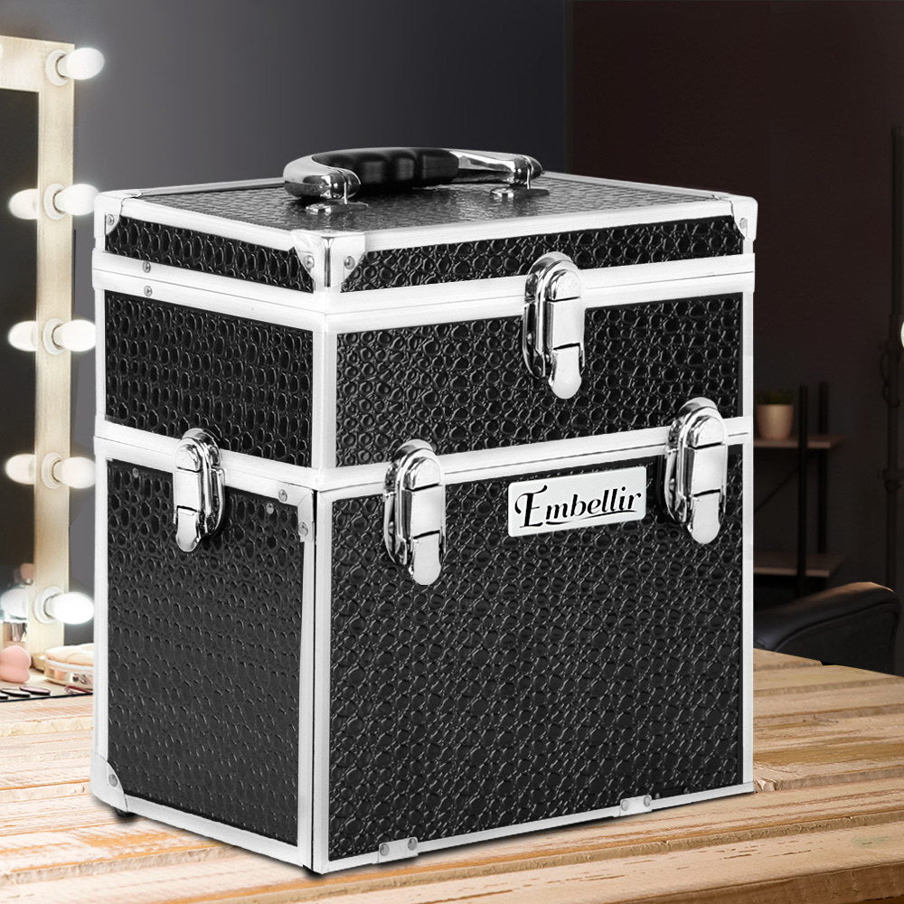 Crocodile Black Professional Portable Makeup Organizer with Mirror