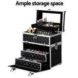 Diamond Black Portable Makeup Case with Mirror - Luxury Beauty Organizer - 45-Degree Angle