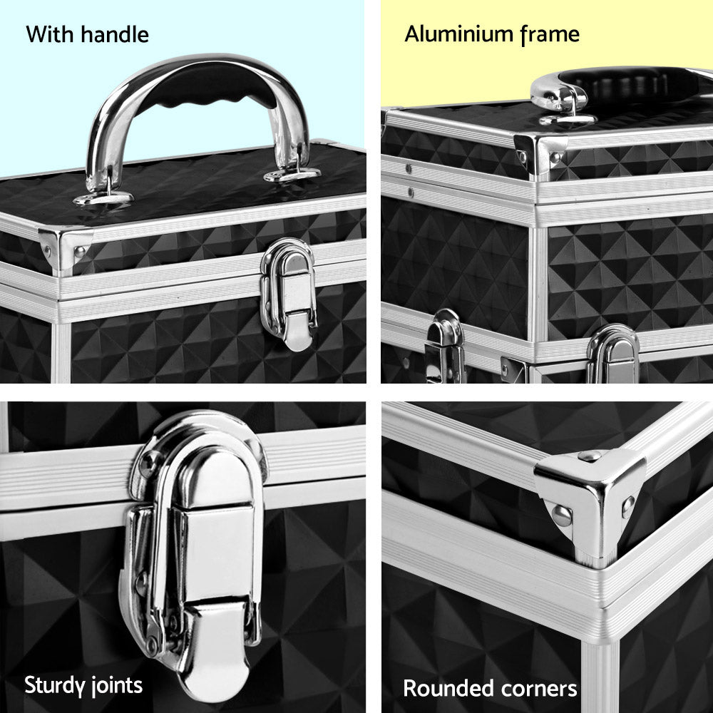 Diamond Black Portable Makeup Case with Mirror - Luxury Beauty Organizer