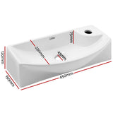 Sleek Space-Saving Nano-Glazed Ceramic Wash Basin 46cm x 15cm - Front View