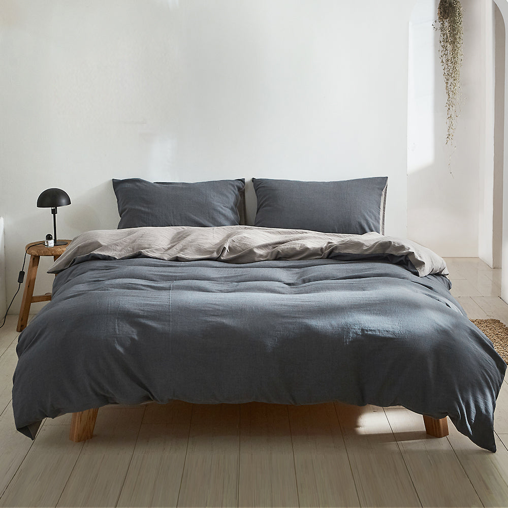 Luxurious King Size Cotton Quilt Cover Set - Soft Blue & Dark Grey