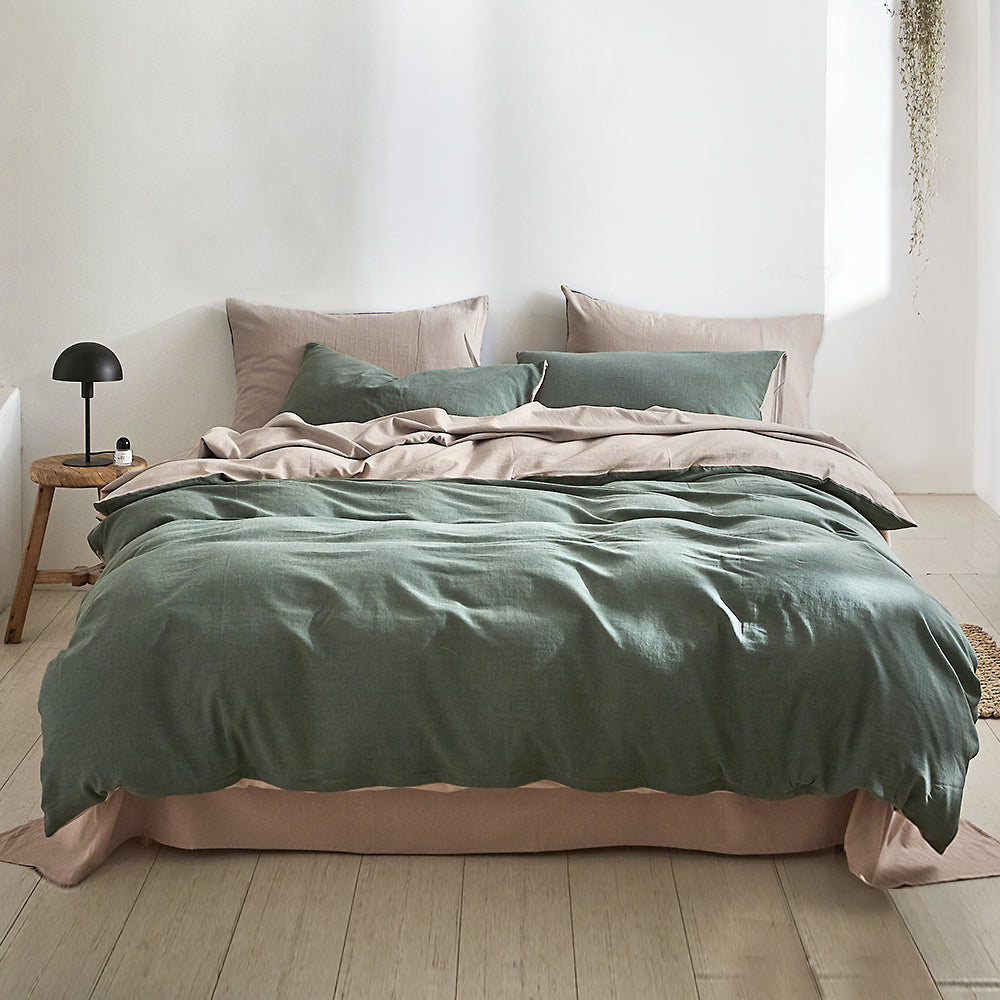 Plush Cotton Quilt Cover Set in Green and Beige for Single Bed