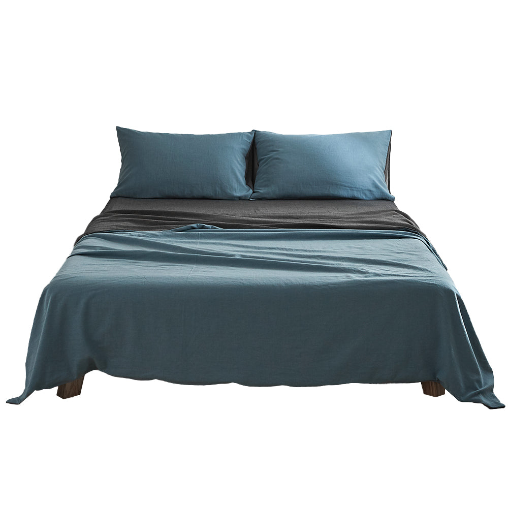 Elegant Two-Color Queen Cotton Sheet Set - Deep Blue & Grey