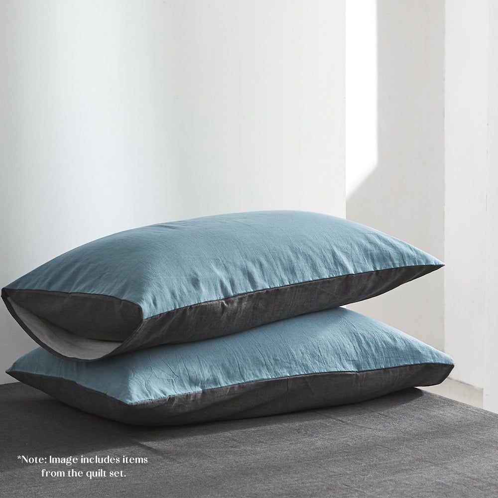 Elegant Two-Color Queen Cotton Sheet Set - Deep Blue & Grey
