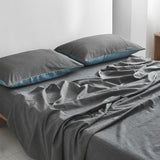 Elegant Two-Color Queen Cotton Sheet Set - Deep Blue & Grey - Low Angle