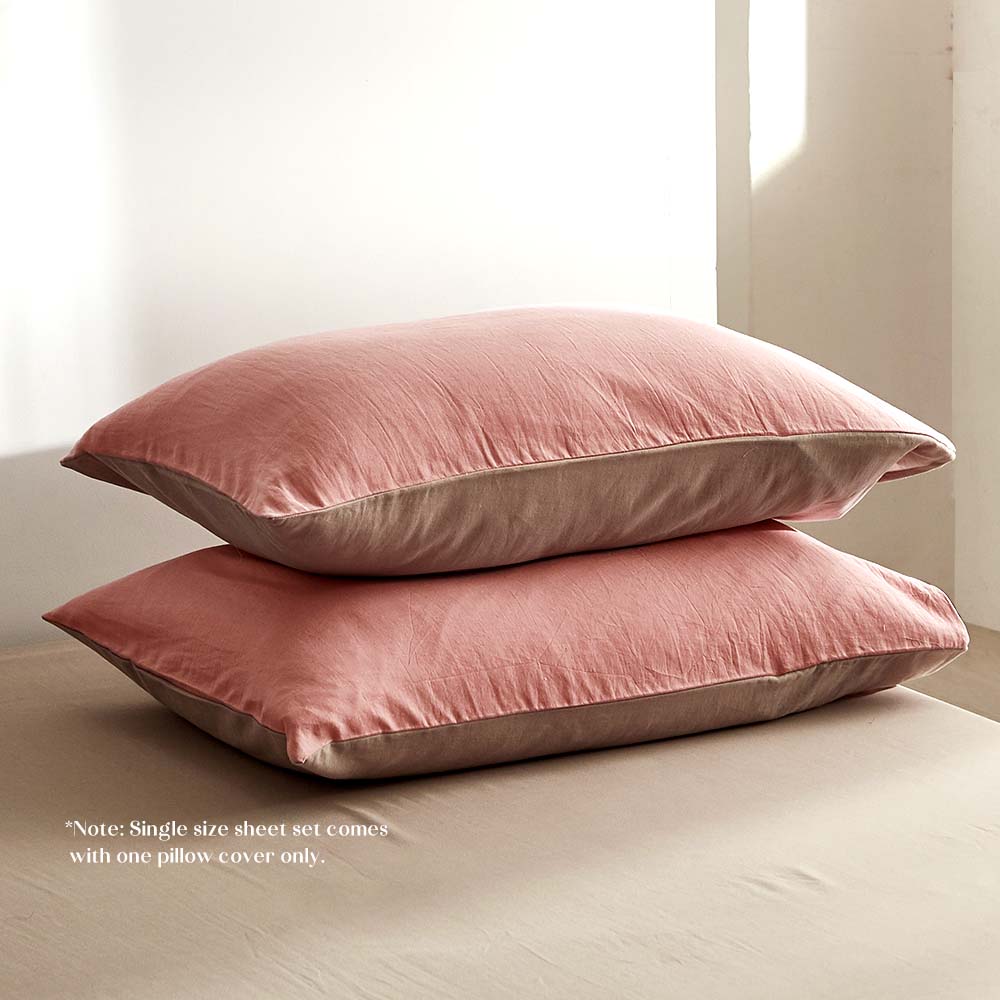 Cozy Club Hypoallergenic Washed Cotton Sheet Set in Pink and Brown for Queen Beds