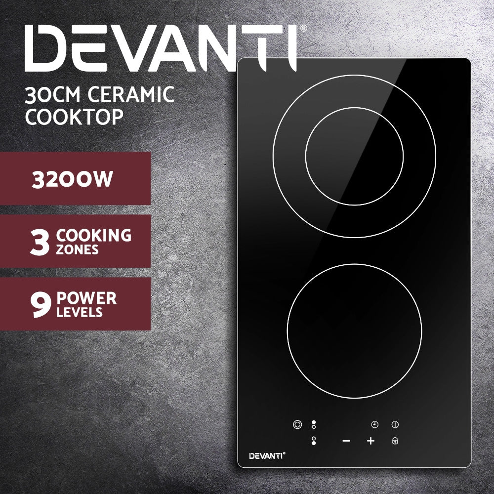 Devanti 30cm Electric Touch Control Ceramic Cooktop with 3 Cooking Zones and Safety Features
