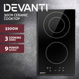 Devanti 30cm Electric Touch Control Ceramic Cooktop with 3 Cooking Zones and Safety Features