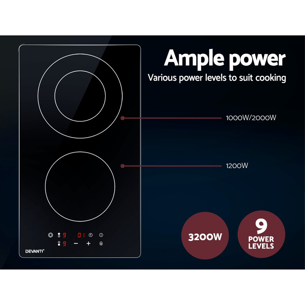 Devanti 30cm Electric Touch Control Ceramic Cooktop with 3 Cooking Zones and Safety Features