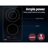 Devanti 30cm Electric Touch Control Ceramic Cooktop with 3 Cooking Zones and Safety Features - 45-Degree Angle