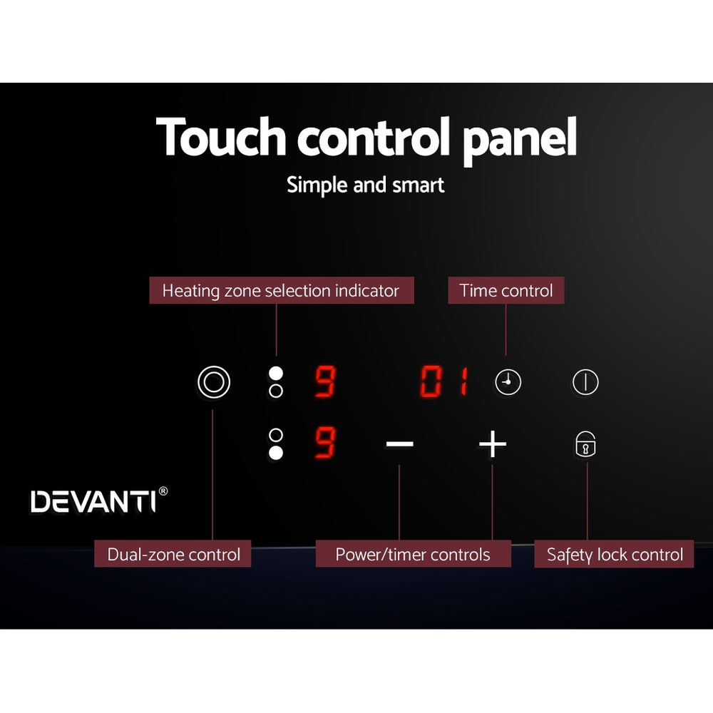 Devanti 30cm Electric Touch Control Ceramic Cooktop with 3 Cooking Zones and Safety Features