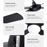 Devanti 52-Inch Remote-Controlled Ceiling Fan with LED Light - Black - Low Angle