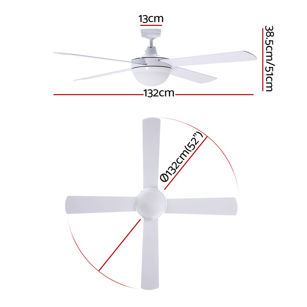 Devanti 52-Inch Remote-Controlled Ceiling Fan with Adjustable LED Light - White