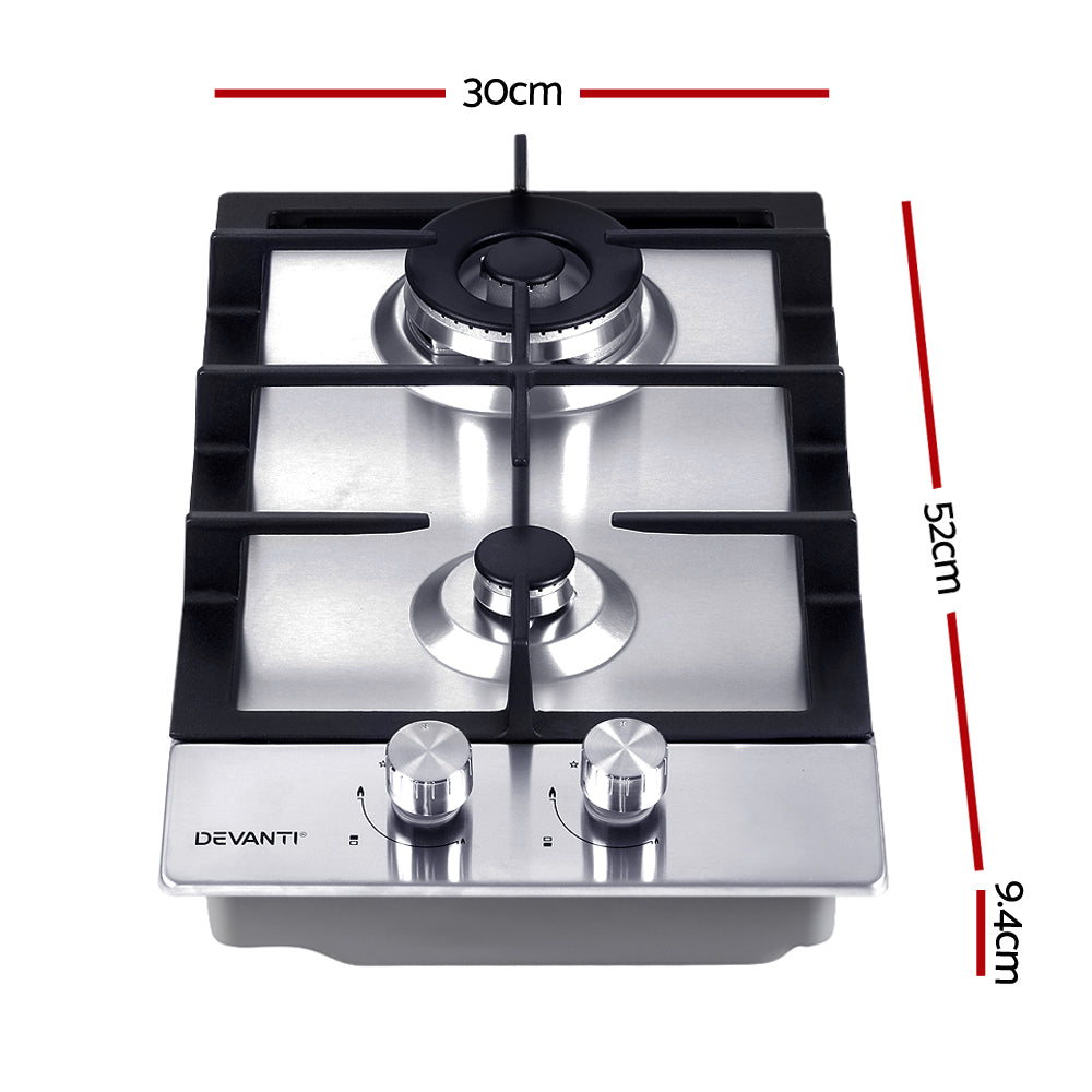 Devanti 30cm Stainless Steel Gas Cooktop with 2 Burners and Safety Features