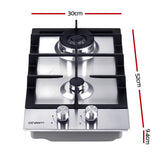 Devanti 30cm Stainless Steel Gas Cooktop with 2 Burners and Safety Features - Top-Down View