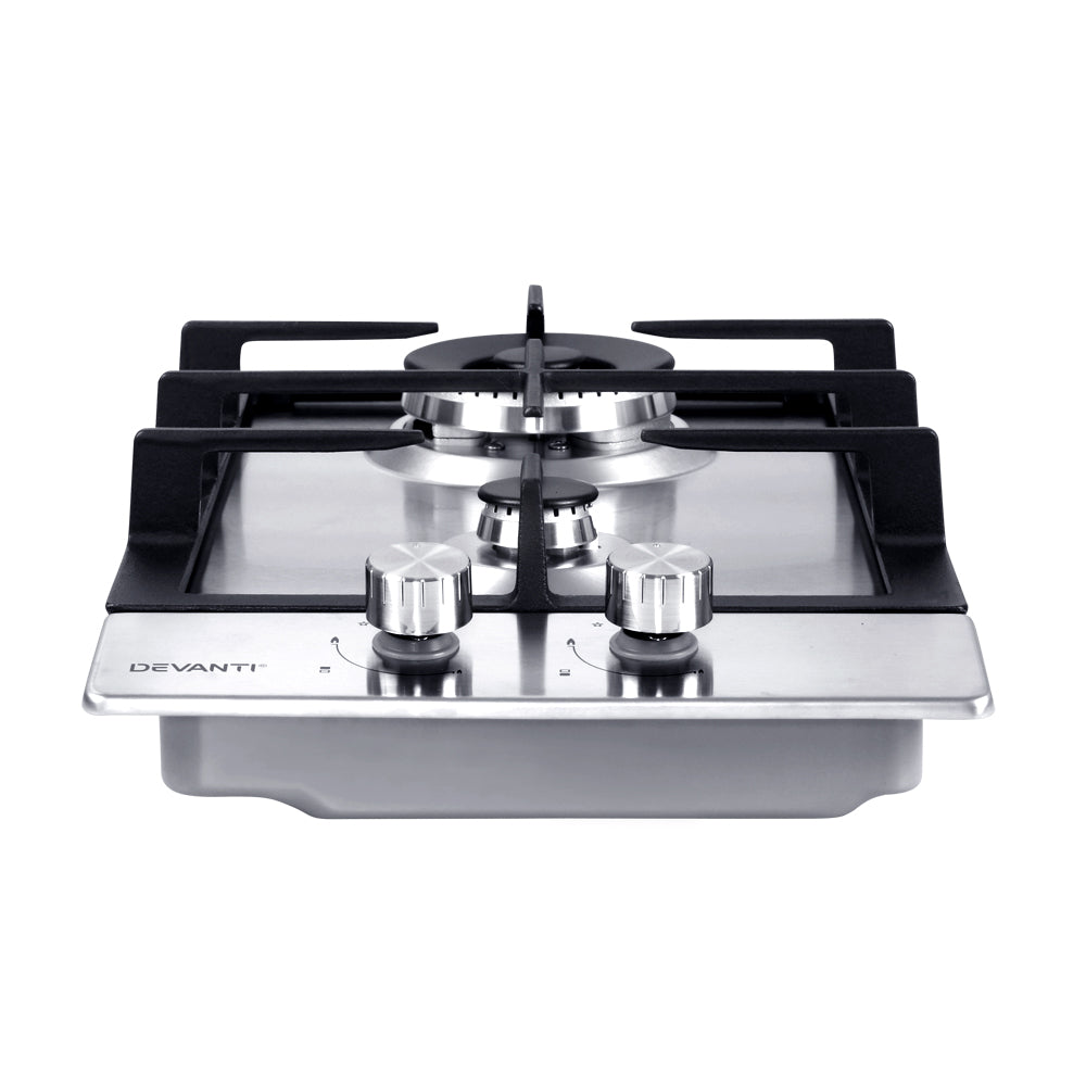Devanti 30cm Stainless Steel Gas Cooktop with 2 Burners and Safety Features