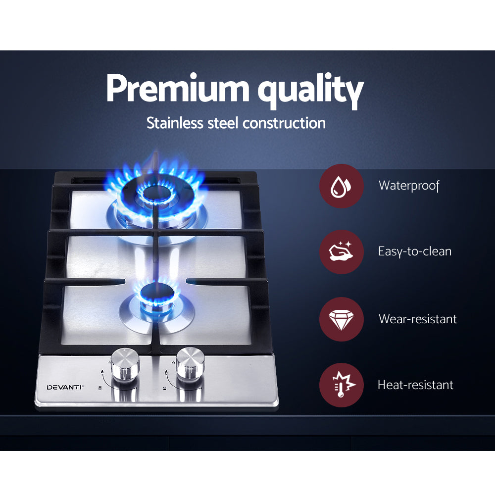 Devanti 30cm Stainless Steel Gas Cooktop with 2 Burners and Safety Features