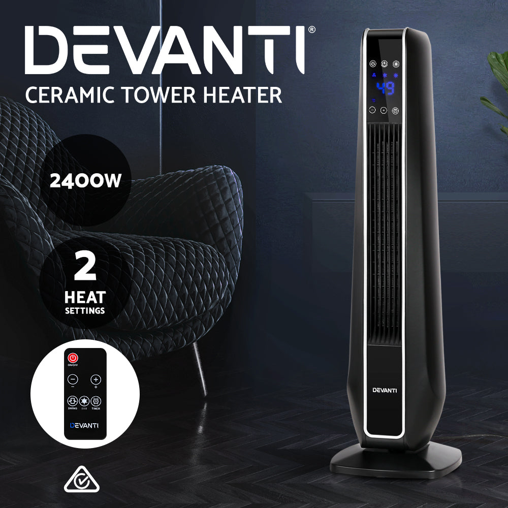 Devanti 2400W Portable Oscillating Ceramic Tower Heater with Remote Control - Black