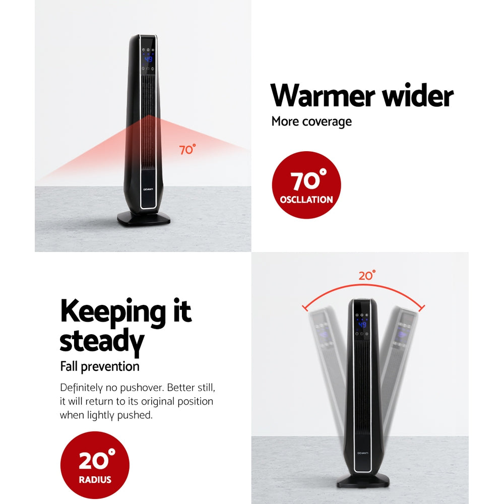 Devanti 2400W Portable Oscillating Ceramic Tower Heater with Remote Control - Black