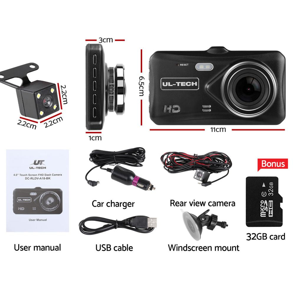 4-Inch HD Dual-Lens Dash Cam with Night Vision - Black