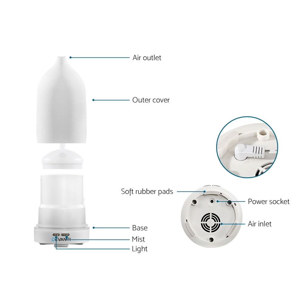 Devanti Ultrasonic Ceramic Aroma Diffuser - 4-in-1 Humidifier, Purifier, Night Light with 7-Color LED