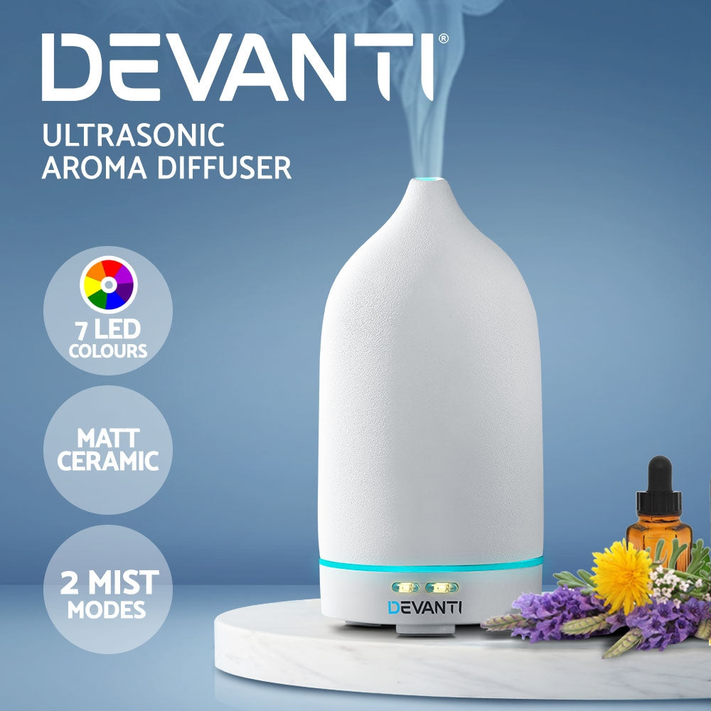 Devanti Ultrasonic Ceramic Aroma Diffuser - 4-in-1 Humidifier, Purifier, Night Light with 7-Color LED