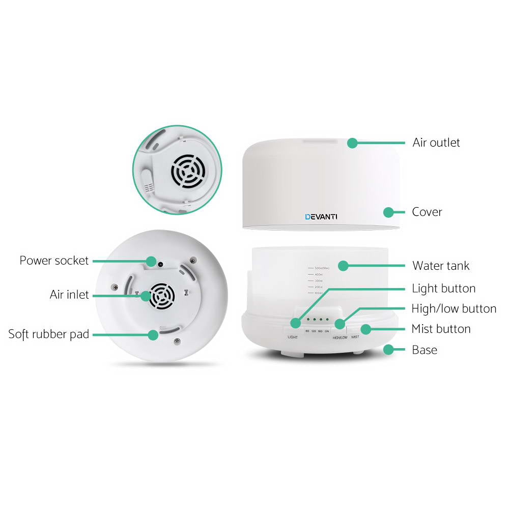 Devanti 500ml Multifunctional Aroma Diffuser - White