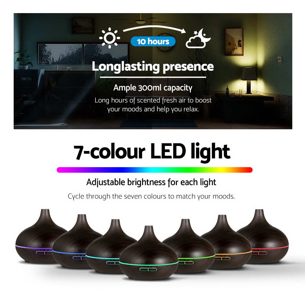 4-in-1 Ultrasonic Aroma Diffuser with Dark Wood Finish - 300ml Capacity