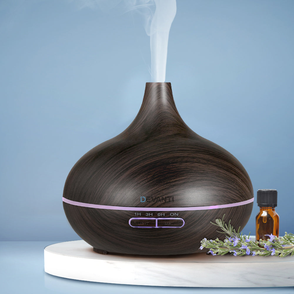 4-in-1 Ultrasonic Aroma Diffuser with Dark Wood Finish - 300ml Capacity