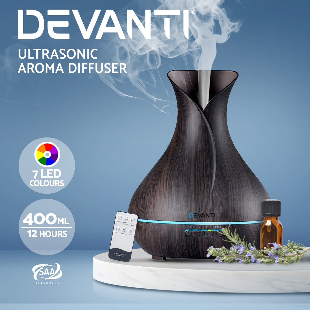 Devanti 400ml Multi-Function Aroma Diffuser with Remote - Dark Wood Finish