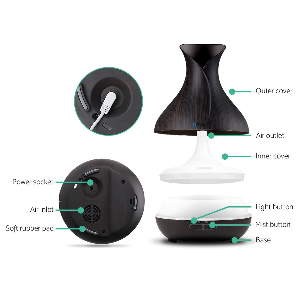 Devanti 400ml Multi-Function Aroma Diffuser with Remote - Dark Wood Finish
