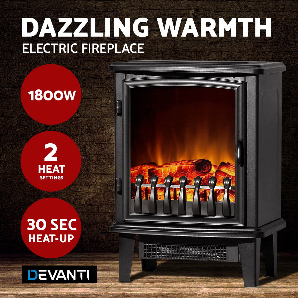Portable Devanti Electric Fireplace with Realistic Log Flame Effect - 1800W Winter Heater