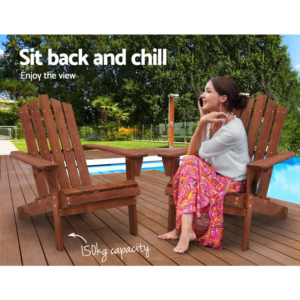 Classic Adirondack Wooden Sun Loungers with Table - Eco-Friendly Patio Set in Brown