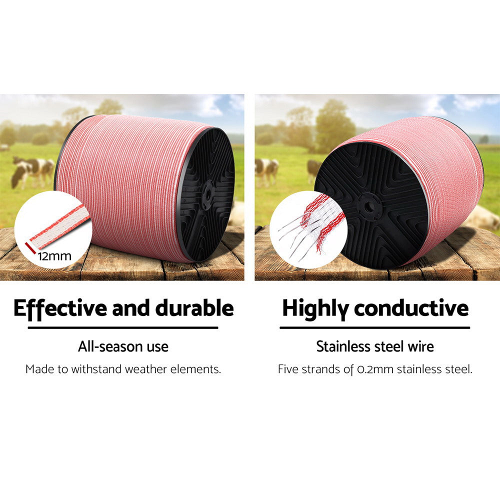 Giantz 1200M Red and White Polytape Electric Fence Kit with Stainless Steel Wire