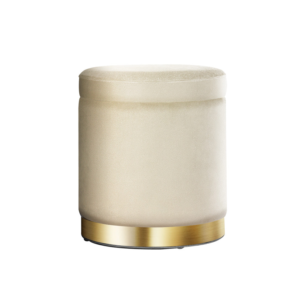 Velvet Round Storage Ottoman with Tufted Seat and Gold Accents