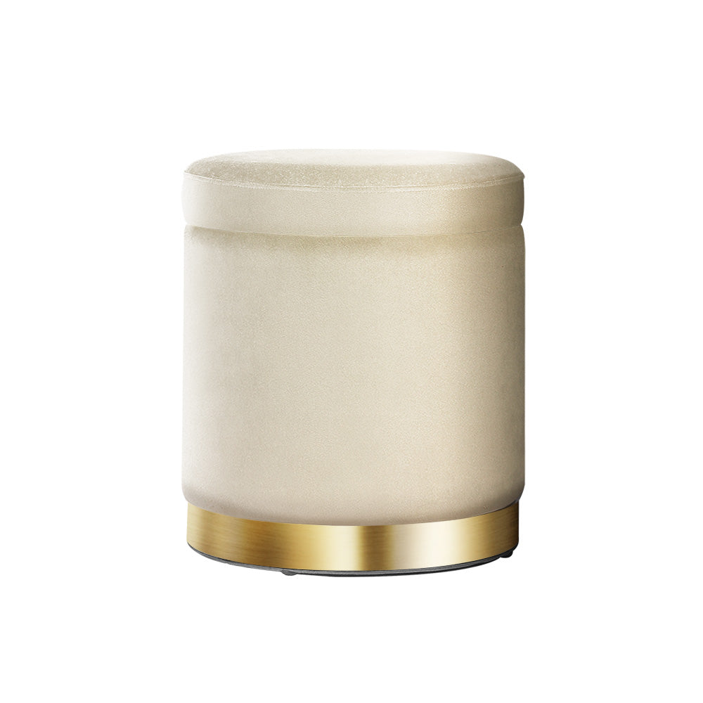 Velvet Round Storage Ottoman with Tufted Seat and Gold Accents