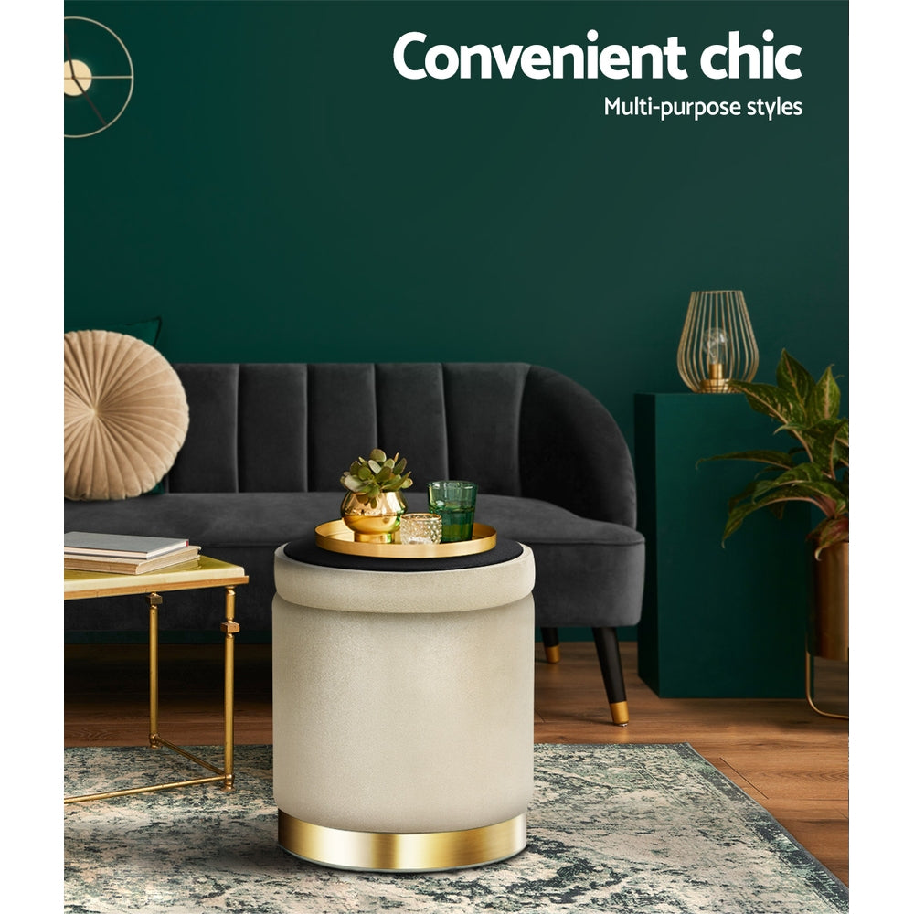 Velvet Round Storage Ottoman with Tufted Seat and Gold Accents