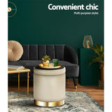 Velvet Round Storage Ottoman with Tufted Seat and Gold Accents - Low Angle