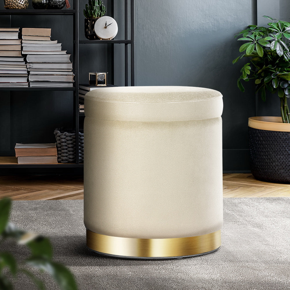 Velvet Round Storage Ottoman with Tufted Seat and Gold Accents