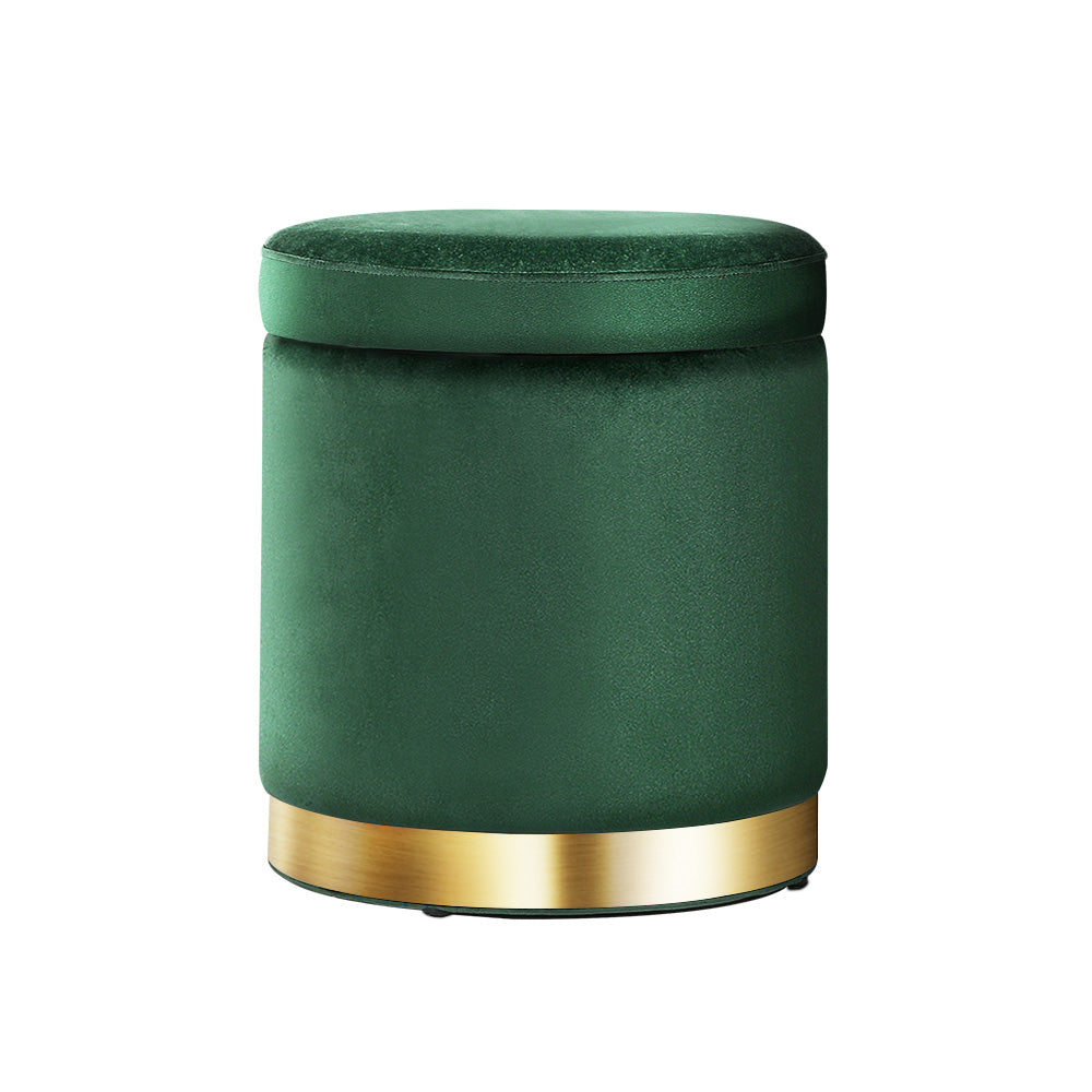 Elegant Green Velvet Storage Ottoman with Gold Accents and Soft Seat