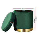 Elegant Green Velvet Storage Ottoman with Gold Accents and Soft Seat - Side View