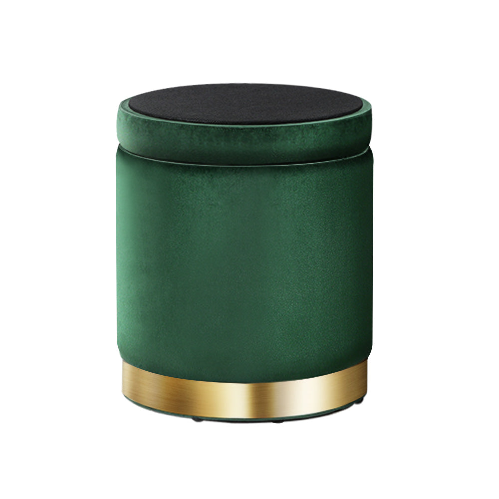 Elegant Green Velvet Storage Ottoman with Gold Accents and Soft Seat